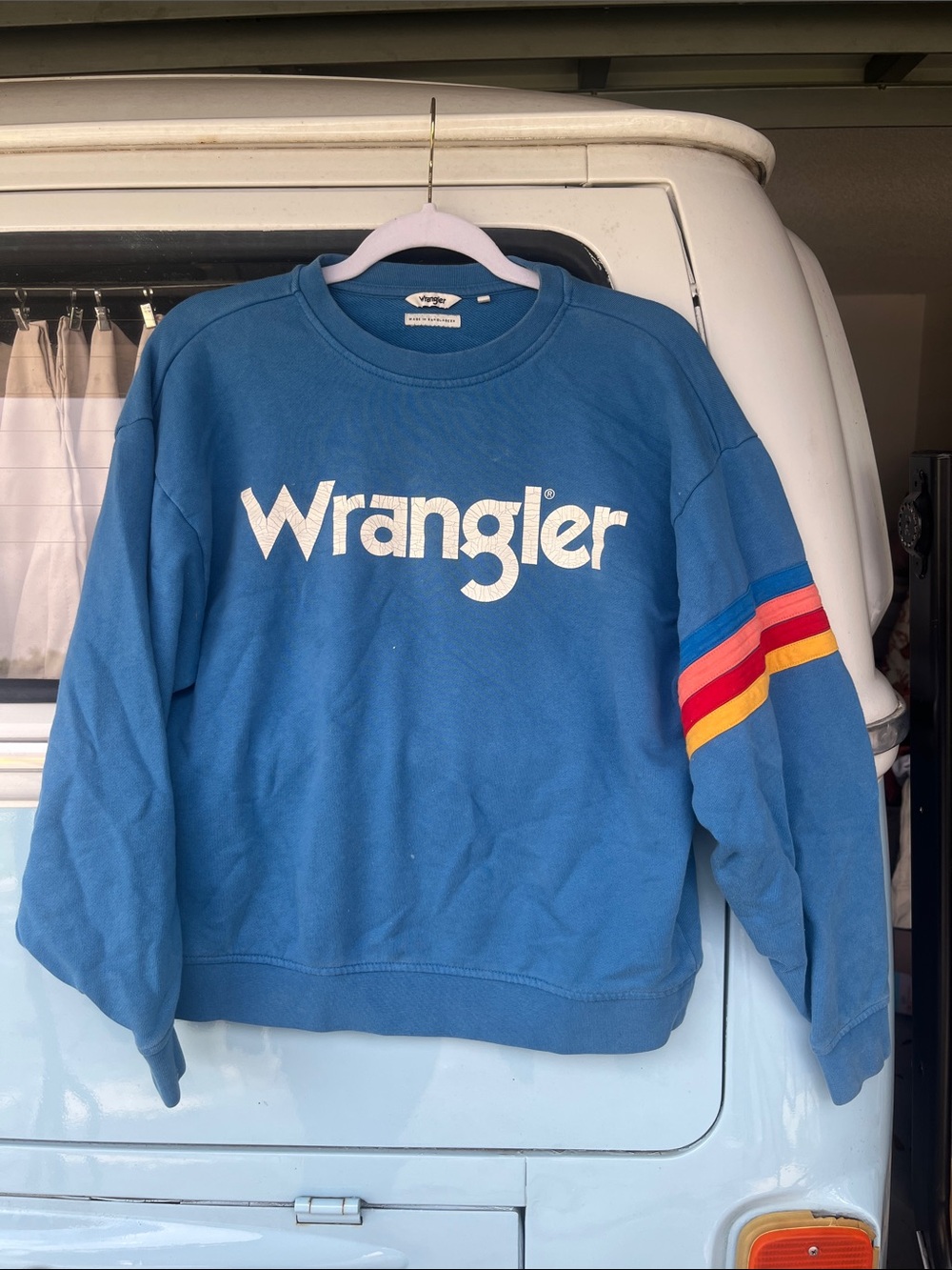 Wrangler Blue Crewneck Sweater with Rainbow Sleeve Stripes